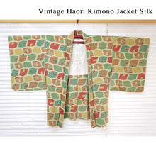 画像をギャラリービューアに読み込む, Vintage Haori Kimono Jacket Silk, Green base, Colorful Geometric Pattern