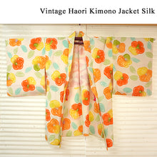 画像をギャラリービューアに読み込む, Vintage Haori Kimono Jacket Silk,Soft White base, Vibrant Camellia Flowers