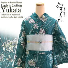 画像をギャラリービューアに読み込む, Lightweight Cotton Yukata for Women, vivid blue-green base, Spider lilies Flowers pattern– Inspired by Kaneko Misuzu’s Poetry, Summer Japanese Kimono Robe