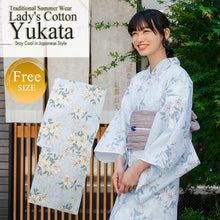 Load image into Gallery viewer, Women's Cotton Yukata, Casual Summer Kimono -Light Blue Base with Lily Pattern
