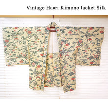 画像をギャラリービューアに読み込む, Vintage Haori Kimono Jacket Silk, Ivory base, Seasonal Flowers, Floral, Chrysanthemum, Maple, Peony