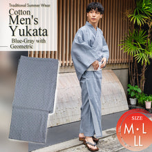 画像をギャラリービューアに読み込む, Men's Yukata Cotton : Blue-Gray with Geometric Design Yukata