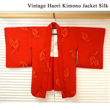 Load image into Gallery viewer, Vintage Haori Kimono Jacket Silk, Bright Red base, Leaf Motif