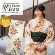 Load image into Gallery viewer, Women's Cotton Yukata, Casual Summer Kimono -Beige Base with Camellia Design