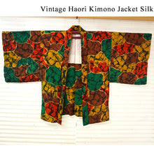 Load image into Gallery viewer, Vintage Haori Kimono Jacket Silk,red base, Colorful & Unique Geometric Pattern