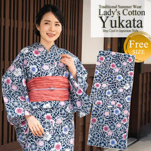 Load image into Gallery viewer, Women's Cotton Yukata, Casual Summer Kimono -Navy Base with Nadeshiko Flowers