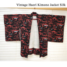 將圖片載入圖庫檢視器 Vintage Haori Kimono Jacket Silk, Black base,Scenic Motifs