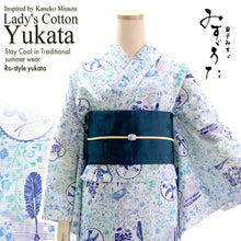 画像をギャラリービューアに読み込む, Lightweight Cotton Yukata for Women, Blue base, Bird, Bell pattern – Inspired by Kaneko Misuzu’s Poetry, Summer Japanese Kimono Robe