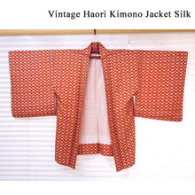 Load image into Gallery viewer, Vintage Haori Kimono Jacket Silk, Bold Red base, Butterflies, Diamond “Hishi” Pattern