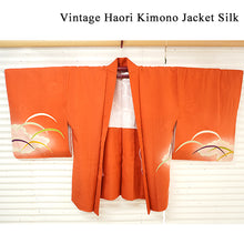 將圖片載入圖庫檢視器 Vintage Haori Kimono Jacket Silk, Vivid Orange base, Cloud ,Dew-on-Grass Motifs