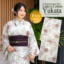 Load image into Gallery viewer, Women's Cotton Yukata, Casual Summer Kimono -Grayish white base with A graceful sakura (cherry blossom) motif featuring soft pink blooms