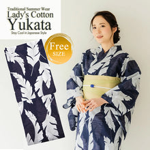Load image into Gallery viewer, Women's Cotton Yukata, Casual Summer Kimono -Navy Base with Large Banana Leaves