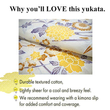 Load image into Gallery viewer, Women's Cotton Yukata, Casual Summer Kimono -Light Beige Base with yellow and brown Autumn leaves and chrysanthemums