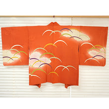 將圖片載入圖庫檢視器 Vintage Haori Kimono Jacket Silk, Vivid Orange base, Cloud ,Dew-on-Grass Motifs