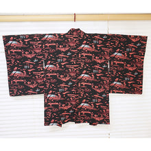 將圖片載入圖庫檢視器 Vintage Haori Kimono Jacket Silk, Black base,Scenic Motifs