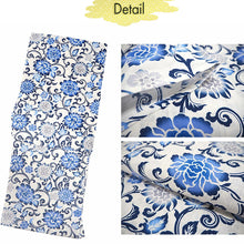 Load image into Gallery viewer, Women's Cotton Yukata, Casual Summer Kimono -White Base with Blue, Gray, and Navy Floral Arabesque