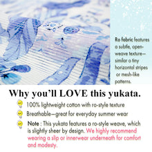 画像をギャラリービューアに読み込む, Lightweight Cotton Yukata for Women, blue base, vegetables, cats, birds pattern– Inspired by Kaneko Misuzu’s Poetry, Summer Japanese Kimono Robe