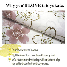 Load image into Gallery viewer, Women's Cotton Yukata, Casual Summer Kimono -Grayish white base with A graceful sakura (cherry blossom) motif featuring soft pink blooms
