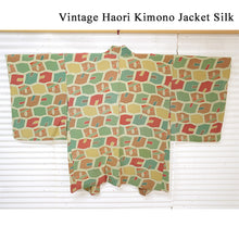 画像をギャラリービューアに読み込む, Vintage Haori Kimono Jacket Silk, Green base, Colorful Geometric Pattern