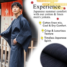 画像をギャラリービューアに読み込む, Men's Yukata Cotton & Linen : Navy with Rain-Like Stripes Yukata