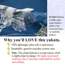 將圖片載入圖庫檢視器 Lightweight Cotton Yukata for Women, Indigo base, Flowers Birds and leaves pattern– Inspired by Kaneko Misuzu’s Poetry, Summer Japanese Kimono Robe