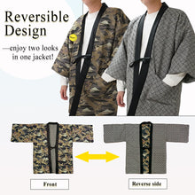 画像をギャラリービューアに読み込む, Reversible Japanese Hanten Jacket for Men – Cozy Kimono-Style Coat with Dual Patterns (Black/Blue/Gold)