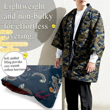 画像をギャラリービューアに読み込む, Reversible Japanese Hanten Jacket for Men – Cozy Kimono-Style Coat with Dual Patterns (Black/Blue/Gold)