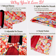 Load image into Gallery viewer, Japanese Quilted Kimono-Style Hanten Jacket for Girls – Cozy Winter Housewear & Outdoor Layer – Red & Pink Traditional Patterns (Size 43.3in (110cm) / 51.1in(130 cm))