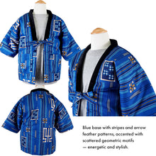 Load image into Gallery viewer, Japanese Quilted Kimono‑Style Hanten Jacket for Boys – Cozy Winter Housewear & Outdoor Layer – Black & Blue Traditional Patterns(Size 43.3in (110cm) / 51.1in(130 cm))