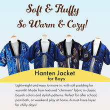 Load image into Gallery viewer, Japanese Quilted Kimono‑Style Hanten Jacket for Boys – Cozy Winter Housewear & Outdoor Layer – Black & Blue Traditional Patterns(Size 43.3in (110cm) / 51.1in(130 cm))
