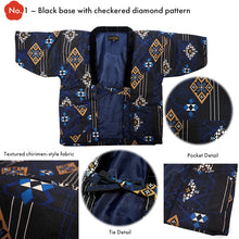 Load image into Gallery viewer, Japanese Quilted Kimono‑Style Hanten Jacket for Boys – Cozy Winter Housewear & Outdoor Layer – Black & Blue Traditional Patterns(Size 43.3in (110cm) / 51.1in(130 cm))