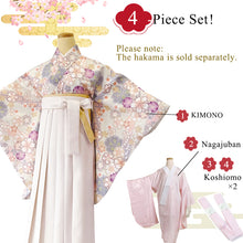將圖片載入圖庫檢視器 Japanese Nisyakusode Kimono Set for Women – 4-Piece Washable Graduation & Photoshoot Outfit, traditional Japanese Kimono, Chrysanthemum, Peonies, Cherry blossoms, Floral pattern