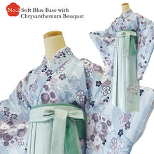 將圖片載入圖庫檢視器 Japanese Nisyakusode Kimono Set for Women – 4-Piece Washable Graduation & Photoshoot Outfit, traditional Japanese Kimono, Chrysanthemum, Peonies, Cherry blossoms, Floral pattern