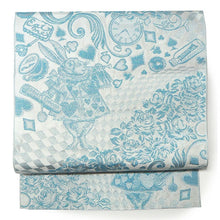 將圖片載入圖庫檢視器 Hakata-ori Silk Heko Obi Belt – Alice in Wonderland Motif with Rabbit and Pocket Watch – Available in 5 Colors (White, Black, Green, Blue, Red)