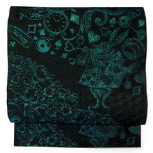 將圖片載入圖庫檢視器 Hakata-ori Silk Heko Obi Belt – Alice in Wonderland Motif with Rabbit and Pocket Watch – Available in 5 Colors (White, Black, Green, Blue, Red)