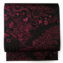 將圖片載入圖庫檢視器 Hakata-ori Silk Heko Obi Belt – Alice in Wonderland Motif with Rabbit and Pocket Watch – Available in 5 Colors (White, Black, Green, Blue, Red)