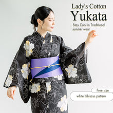 画像をギャラリービューアに読み込む, Women’s Cotton Yukata Kimono Robe – Lightweight Summer Japanese Kimono Robe, smoky black base elegant white hibiscus flowers pattern, Traditional Festival Outfit