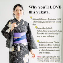 画像をギャラリービューアに読み込む, Women’s Cotton Yukata Kimono Robe – Lightweight Summer Japanese Kimono Robe, smoky black base elegant white hibiscus flowers pattern, Traditional Festival Outfit