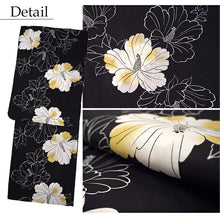画像をギャラリービューアに読み込む, Women’s Cotton Yukata Kimono Robe – Lightweight Summer Japanese Kimono Robe, smoky black base elegant white hibiscus flowers pattern, Traditional Festival Outfit