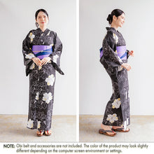 画像をギャラリービューアに読み込む, Women’s Cotton Yukata Kimono Robe – Lightweight Summer Japanese Kimono Robe, smoky black base elegant white hibiscus flowers pattern, Traditional Festival Outfit