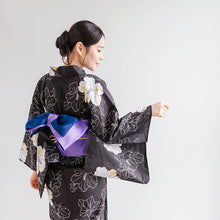 画像をギャラリービューアに読み込む, Women’s Cotton Yukata Kimono Robe – Lightweight Summer Japanese Kimono Robe, smoky black base elegant white hibiscus flowers pattern, Traditional Festival Outfit
