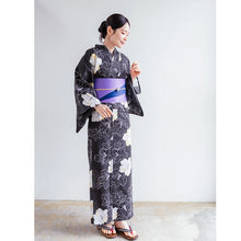 画像をギャラリービューアに読み込む, Women’s Cotton Yukata Kimono Robe – Lightweight Summer Japanese Kimono Robe, smoky black base elegant white hibiscus flowers pattern, Traditional Festival Outfit