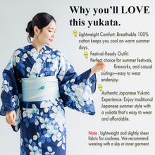 画像をギャラリービューアに読み込む, Women’s Cotton Yukata Kimono Robe – Lightweight Summer Japanese Kimono Robe, Deep navy background, elegant camellia pattern, Traditional Festival Outfit