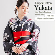 画像をギャラリービューアに読み込む, Women’s Cotton Yukata Kimono Robe – Lightweight Summer Japanese Kimono Robe, Soft ink-black background, camellia pattern, Traditional Festival Outfit