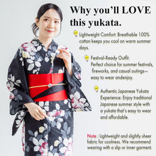 画像をギャラリービューアに読み込む, Women’s Cotton Yukata Kimono Robe – Lightweight Summer Japanese Kimono Robe, Soft ink-black background, camellia pattern, Traditional Festival Outfit