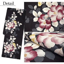 画像をギャラリービューアに読み込む, Women’s Cotton Yukata Kimono Robe – Lightweight Summer Japanese Kimono Robe, Soft ink-black background, camellia pattern, Traditional Festival Outfit