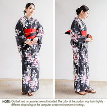画像をギャラリービューアに読み込む, Women’s Cotton Yukata Kimono Robe – Lightweight Summer Japanese Kimono Robe, Soft ink-black background, camellia pattern, Traditional Festival Outfit