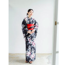 画像をギャラリービューアに読み込む, Women’s Cotton Yukata Kimono Robe – Lightweight Summer Japanese Kimono Robe, Soft ink-black background, camellia pattern, Traditional Festival Outfit