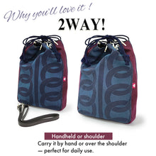 画像をギャラリービューアに読み込む, Shingen Bukuro Japanese-Style Drawstring Shoulder Pouch for Men – Samurai-Inspired, Cotton with Wa-tsunagi Pattern, Indigo-tinted blue base