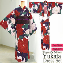 画像をギャラリービューアに読み込む, Easy-Wear Cotton Yukata Dress Set for Women – 2-Piece Japanese Kimono Style (Top + Dress), peonies flower pattern, Beginner-Friendly, Lightweight Cotton